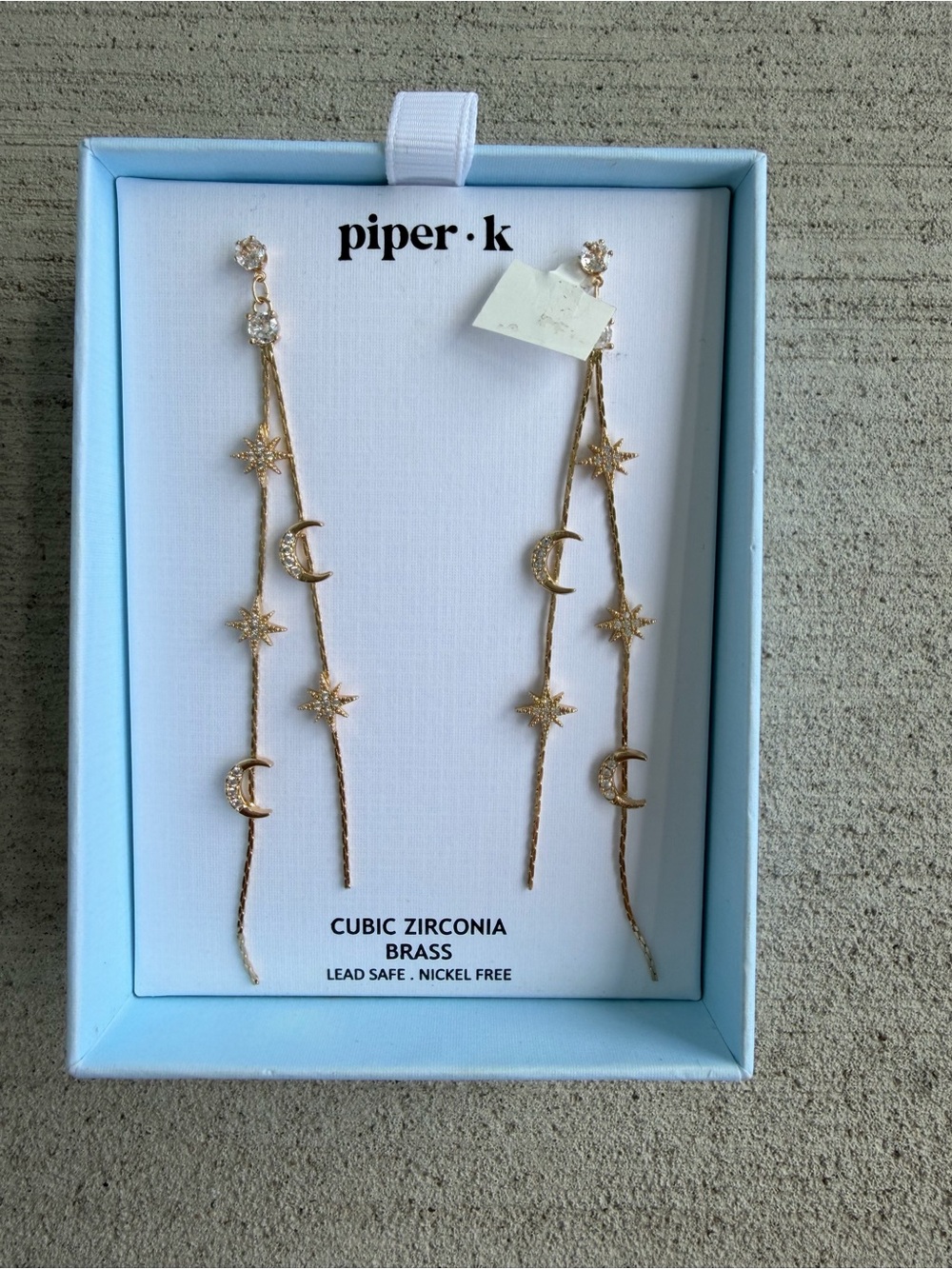 Piper K Celestial Moon Star Threader Earrings Gold Tone CZ New In Box